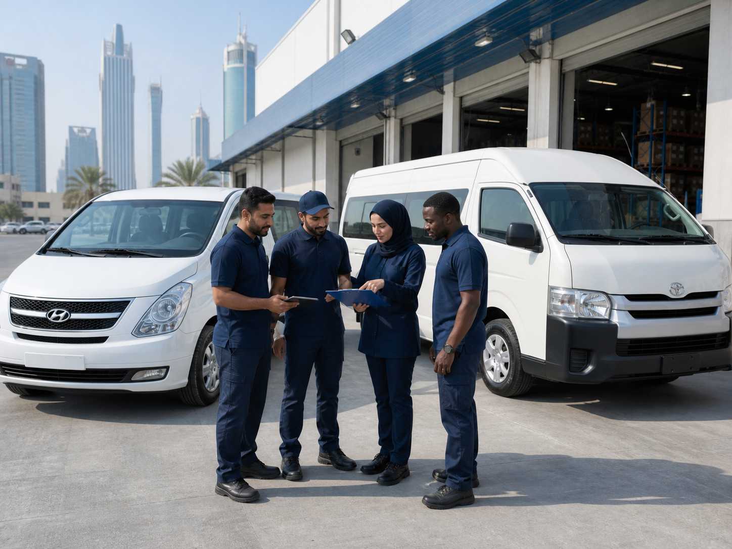 Logistics team coordinating deliveries beside Hyundai H-1 and Toyota HiAce vans