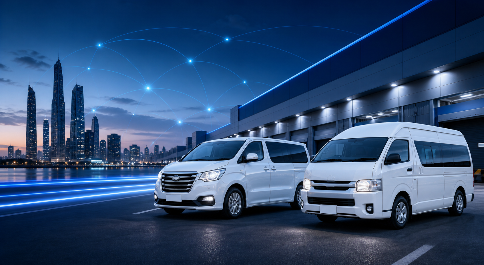 Hyundai H-1 and Toyota HiAce logistics vans in a blue urban setting